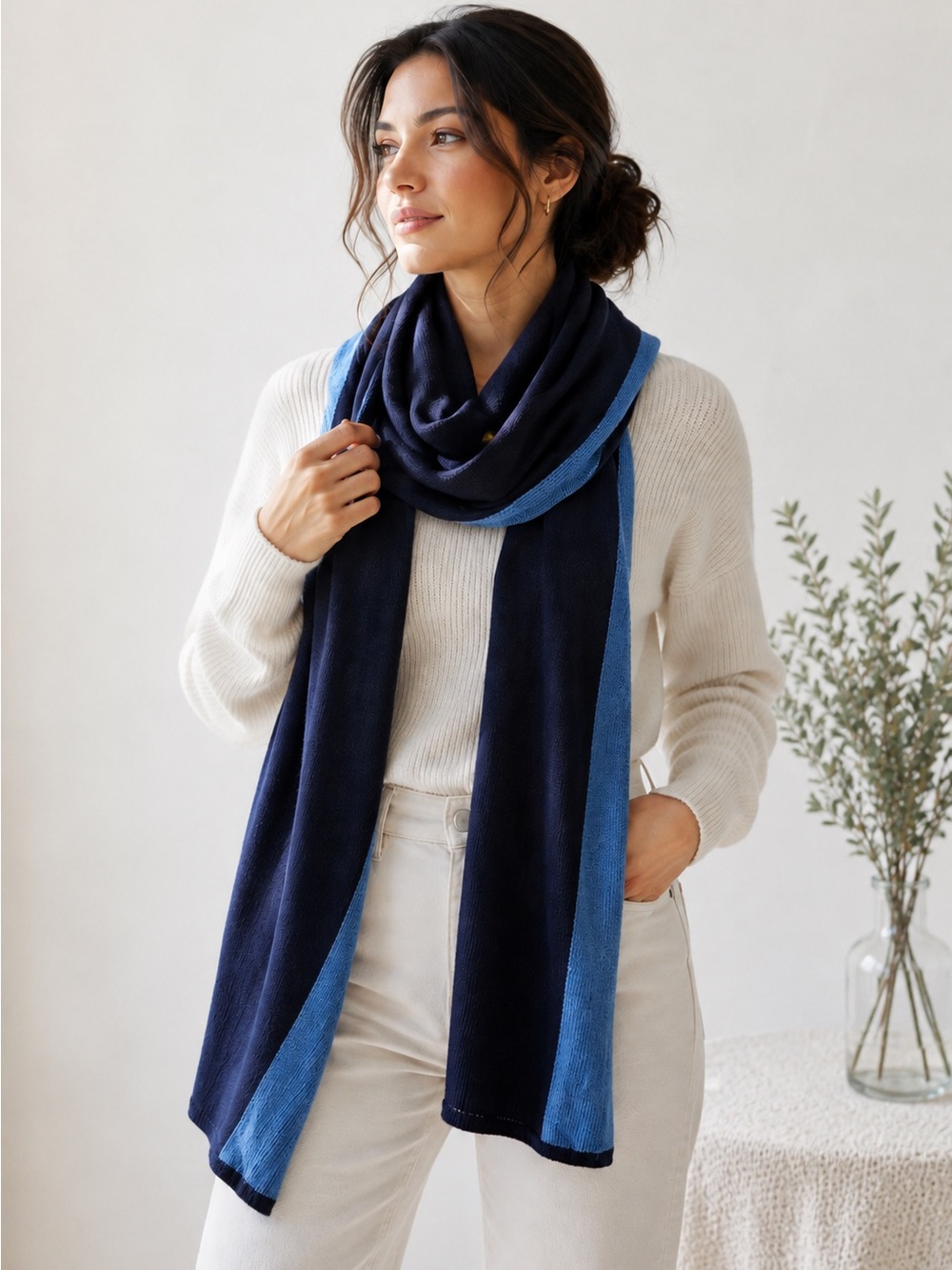 Saved NY New York Cashmere Colorblock Navy Blue Long Scarf 75” Unisex